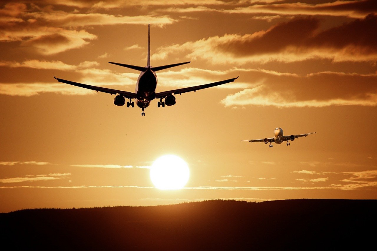 plane, flight, sunset